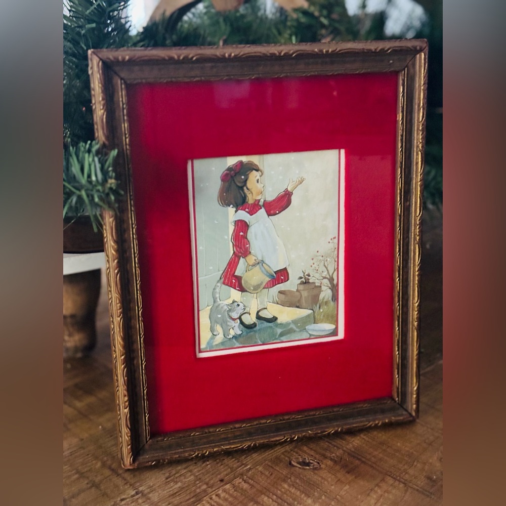 Vintage 8x10 Gold Frame + Red Velour Mat Picture. Cottage-core | Wall Art Decor